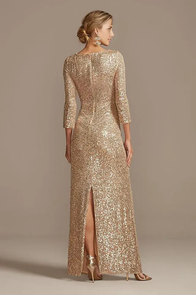 Mom Of The Bride Dressbride Mother Dress V Neck Sequin Column Gown Flattering Knot With 3/4 Sleeves Mother Of The Bride / Stores With Prom Dresses