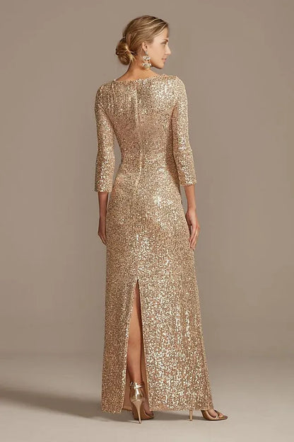 Mom Of The Bride Dressbride Mother Dress V Neck Sequin Column Gown Flattering Knot With 3/4 Sleeves Mother Of The Bride / Stores With Prom Dresses
