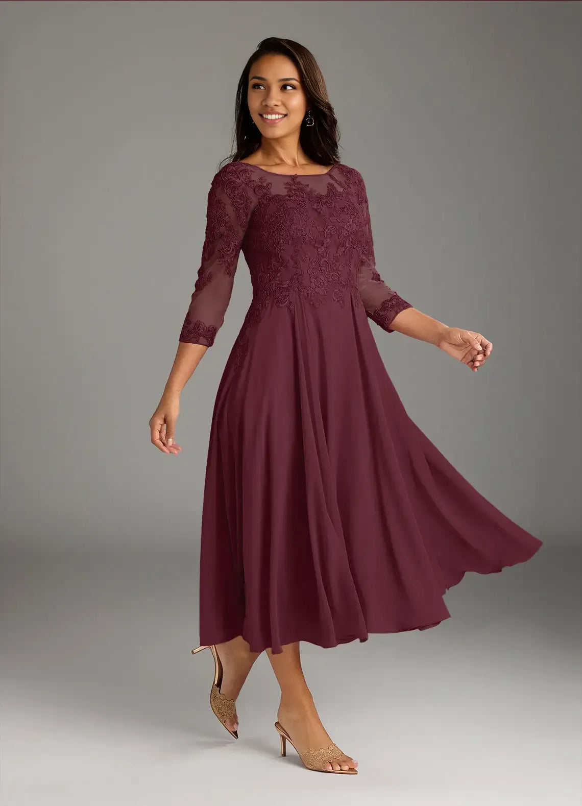 Dress Scoop Neck Lace Chiffon A-Line Mother Of The Bride Evening Dress Fashion Three-Quarter Sleeve Plus Size Mother Of The Groom Dresses