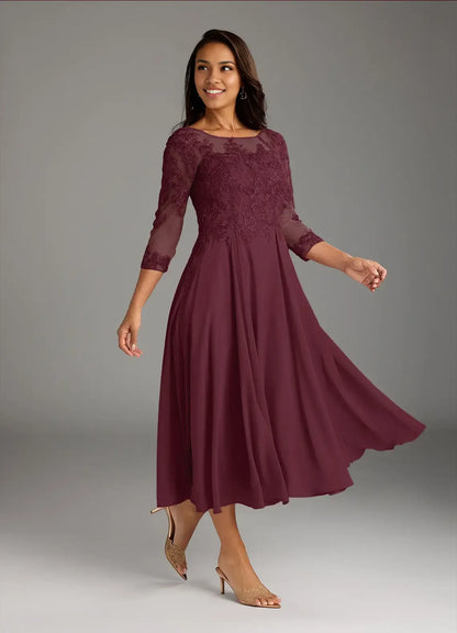 Dress Scoop Neck Lace Chiffon A-Line Mother Of The Bride Evening Dress Fashion Three-Quarter Sleeve Plus Size Mother Of The Groom Dresses