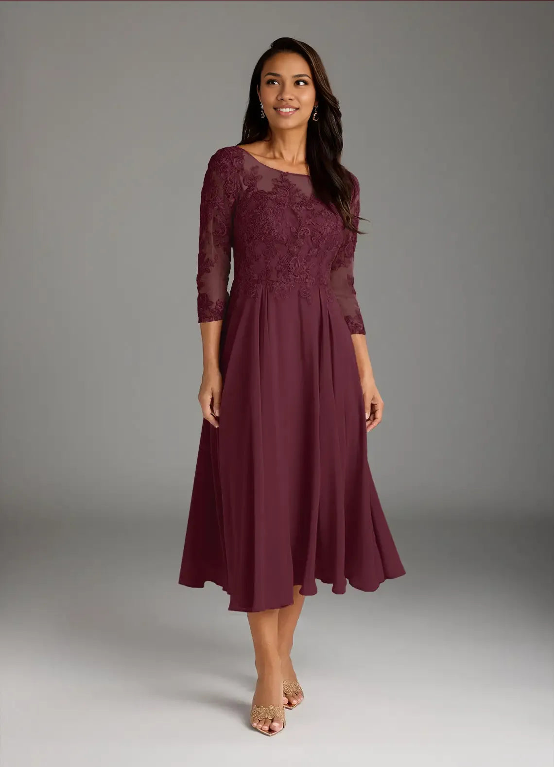 Dress Scoop Neck Lace Chiffon A-Line Mother Of The Bride Evening Dress Fashion Three-Quarter Sleeve Plus Size Mother Of The Groom Dresses