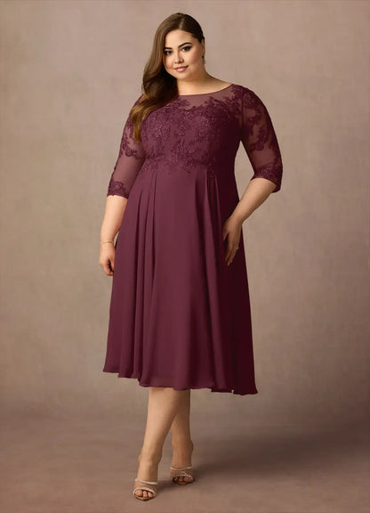 Dress Scoop Neck Lace Chiffon A-Line Mother Of The Bride Evening Dress Fashion Three-Quarter Sleeve Plus Size Mother Of The Groom Dresses