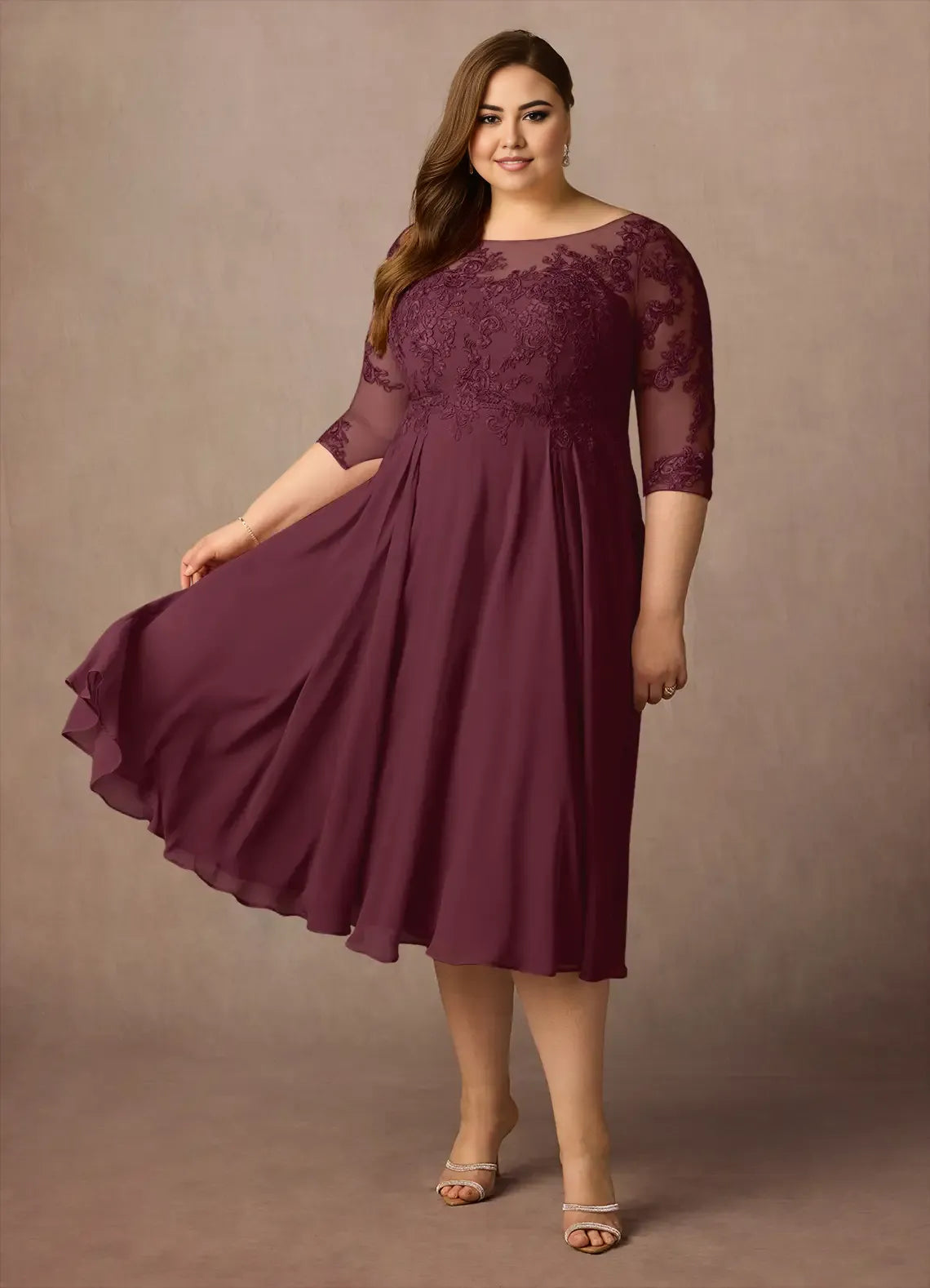Dress Scoop Neck Lace Chiffon A-Line Mother Of The Bride Evening Dress Fashion Three-Quarter Sleeve Plus Size Mother Of The Groom Dresses