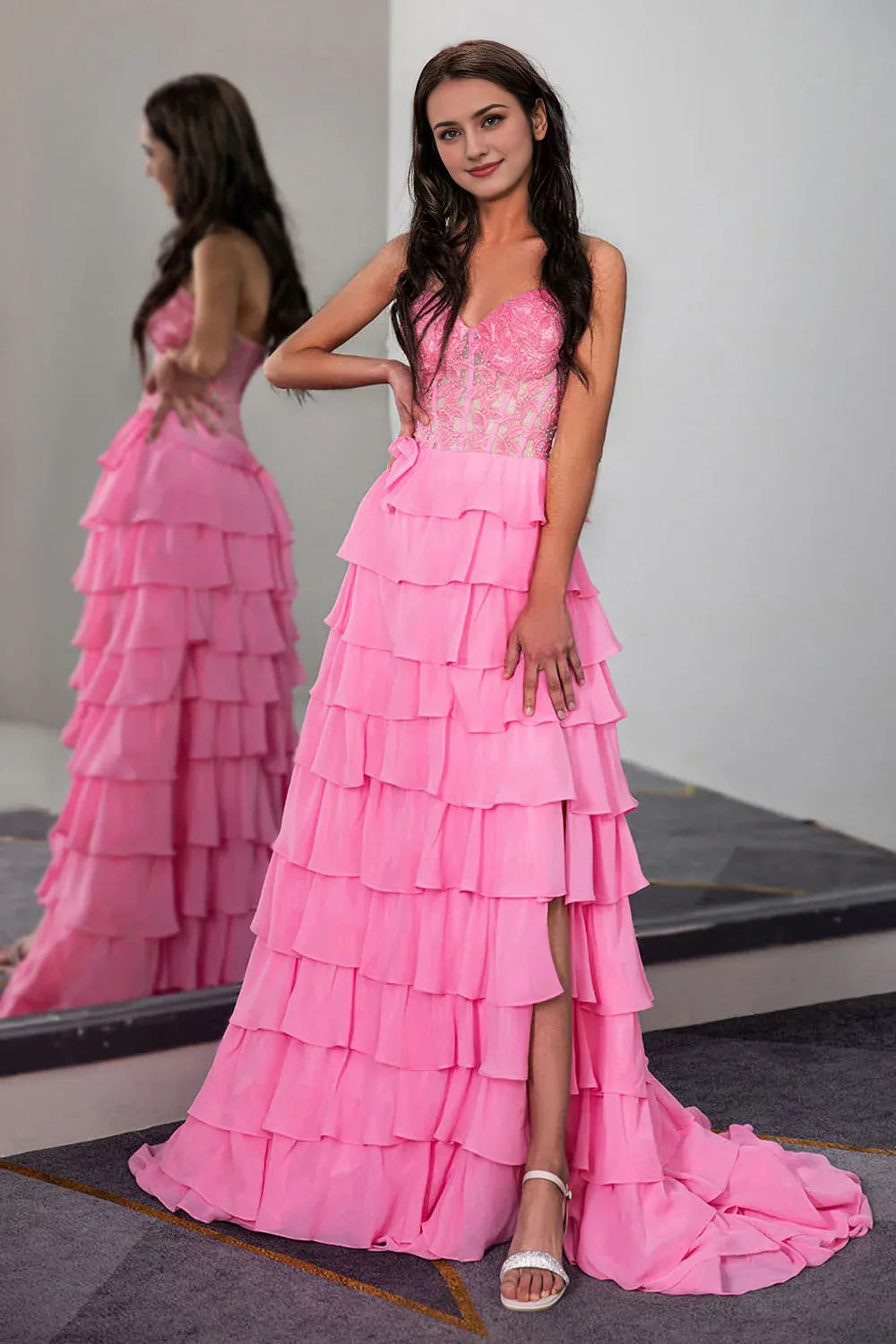 Multi Layer Strapless Prom Dress with Leaf Lace Corset Top With Train