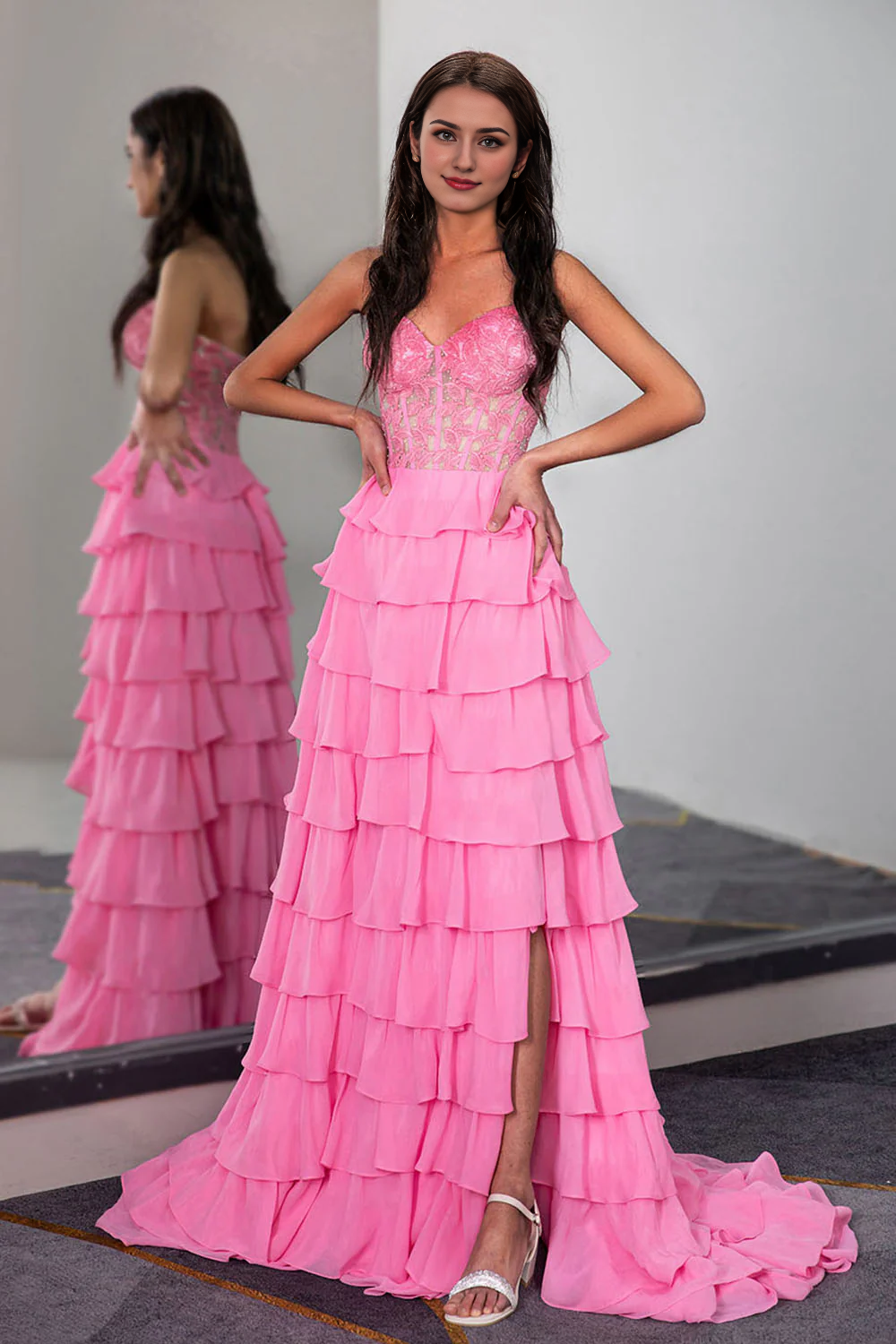Multi Layer Strapless Prom Dress with Leaf Lace Corset Top With Train