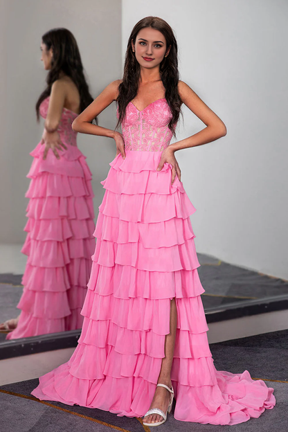 Multi Layer Strapless Prom Dress with Leaf Lace Corset Top With Train