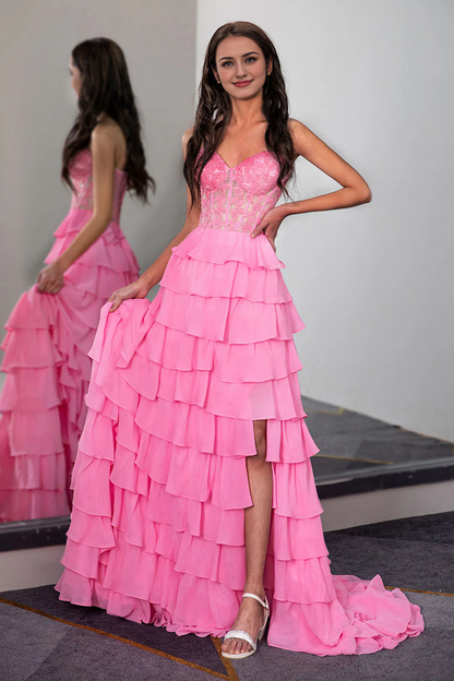 Multi Layer Strapless Prom Dress with Leaf Lace Corset Top With Train