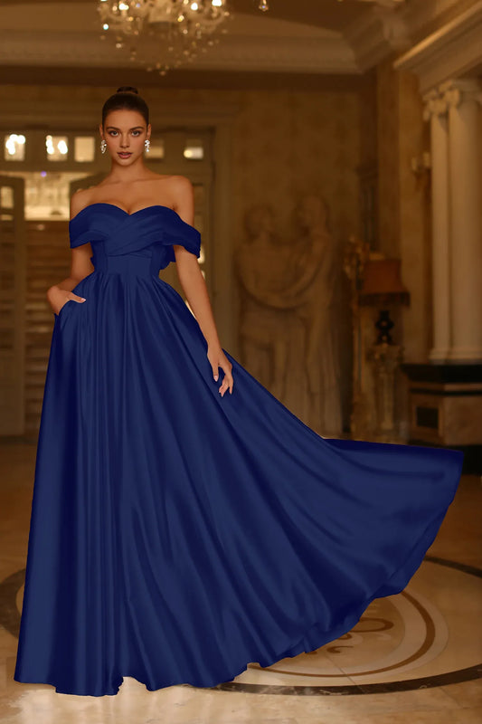 Dress A Line Long Pleated Formal Prom Dress Off the Shoulder Floor-Length Sleeveless Evening Dress