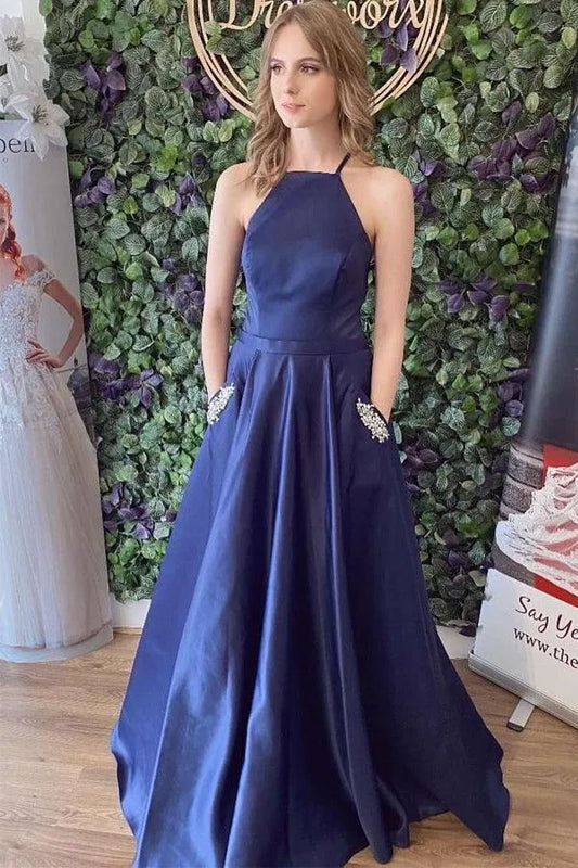 Halter Neck Open Back Beaded Pocket A-Line Satin Prom Gown