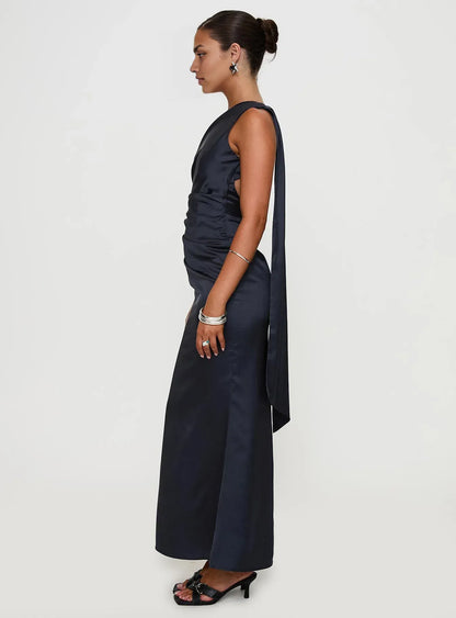 Navy Blue Satin One - Shoulder Backless Maxi Dress Elegant Prom Dresses for Ladies