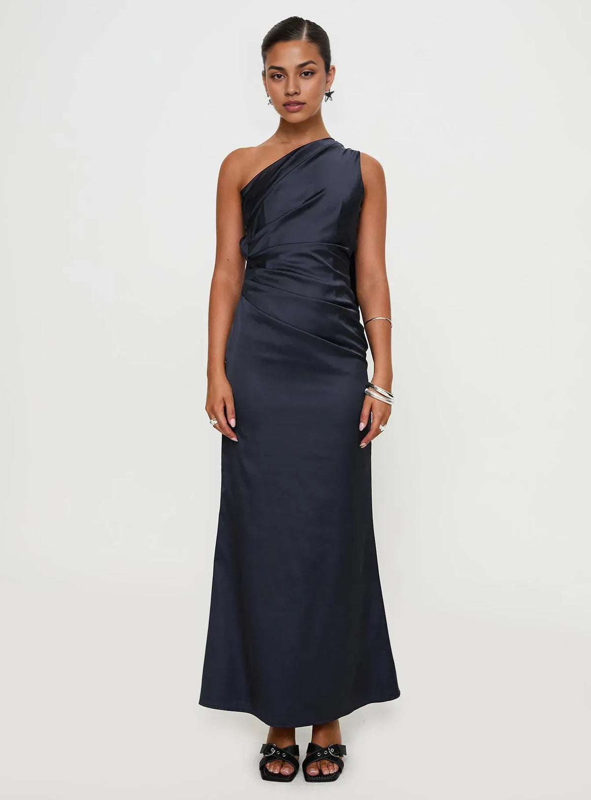 Navy Blue Satin One - Shoulder Backless Maxi Dress Elegant Prom Dresses for Ladies