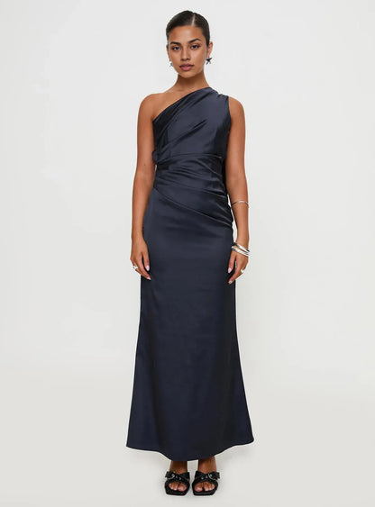Navy Blue Satin One - Shoulder Backless Maxi Dress Elegant Prom Dresses for Ladies