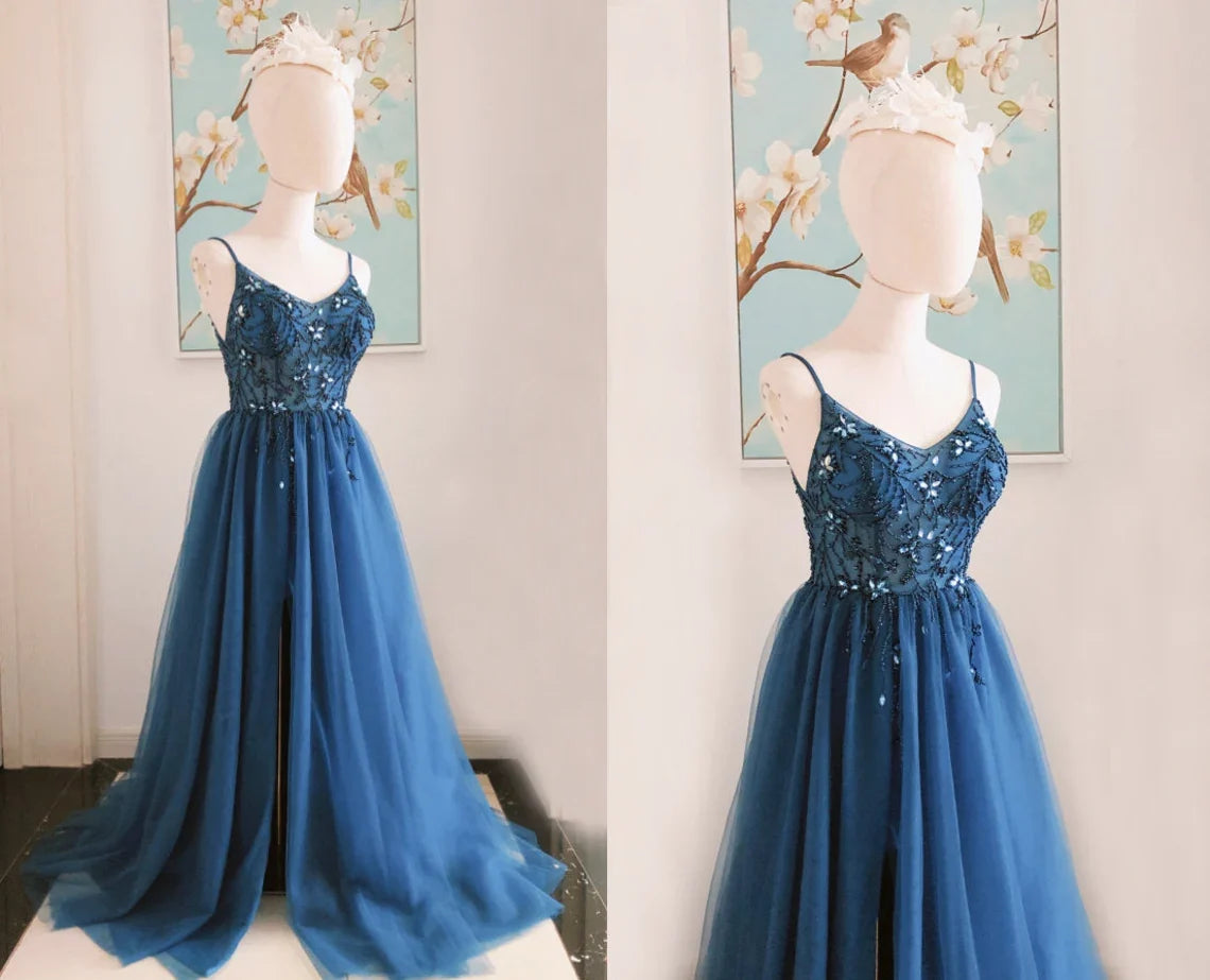 Navy Beaded Tulle Spaghetti Straps Backless Sleeveless Floor Length Prom Dress With Slit
