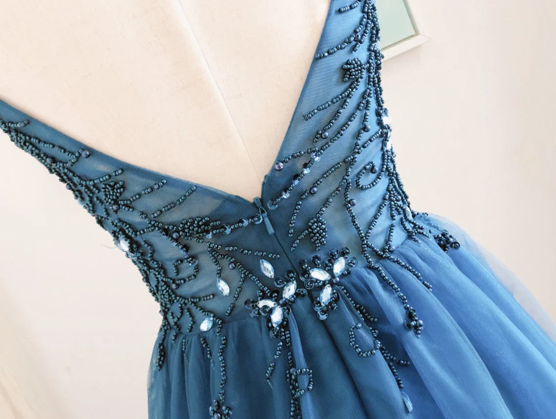 Navy Beaded Tulle Spaghetti Straps Backless Sleeveless Floor Length Prom Dress With Slit