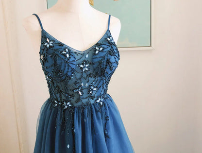 Navy Beaded Tulle Spaghetti Straps Backless Sleeveless Floor Length Prom Dress With Slit
