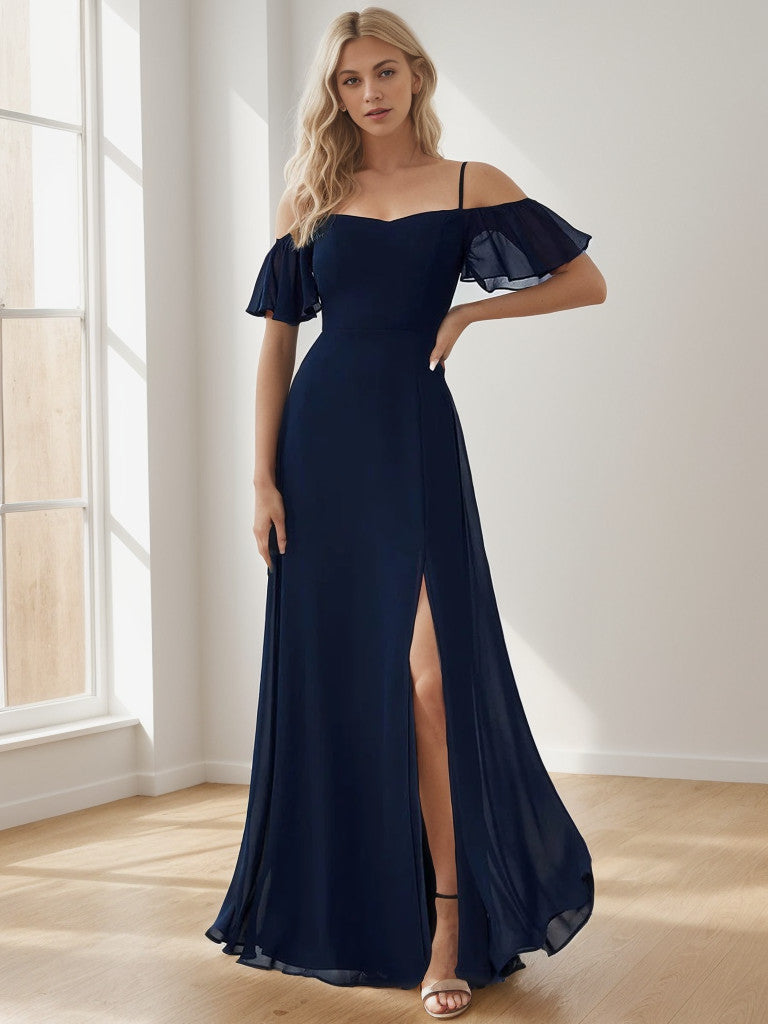 Chiffon Off-The-Shoulder Side Slit Bridesmaid Dress with sleeves