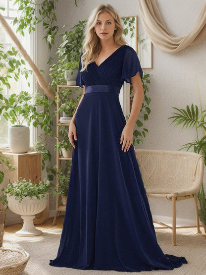 Long Chiffon Empire Waist Bridesmaid Dress with Short Flutter Sleeves