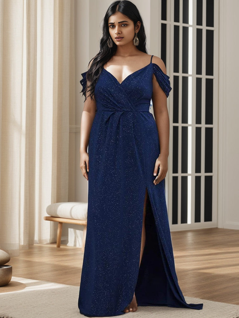 Plus Size V-Neck Cold Shoulder Floor-Length Evening Dress