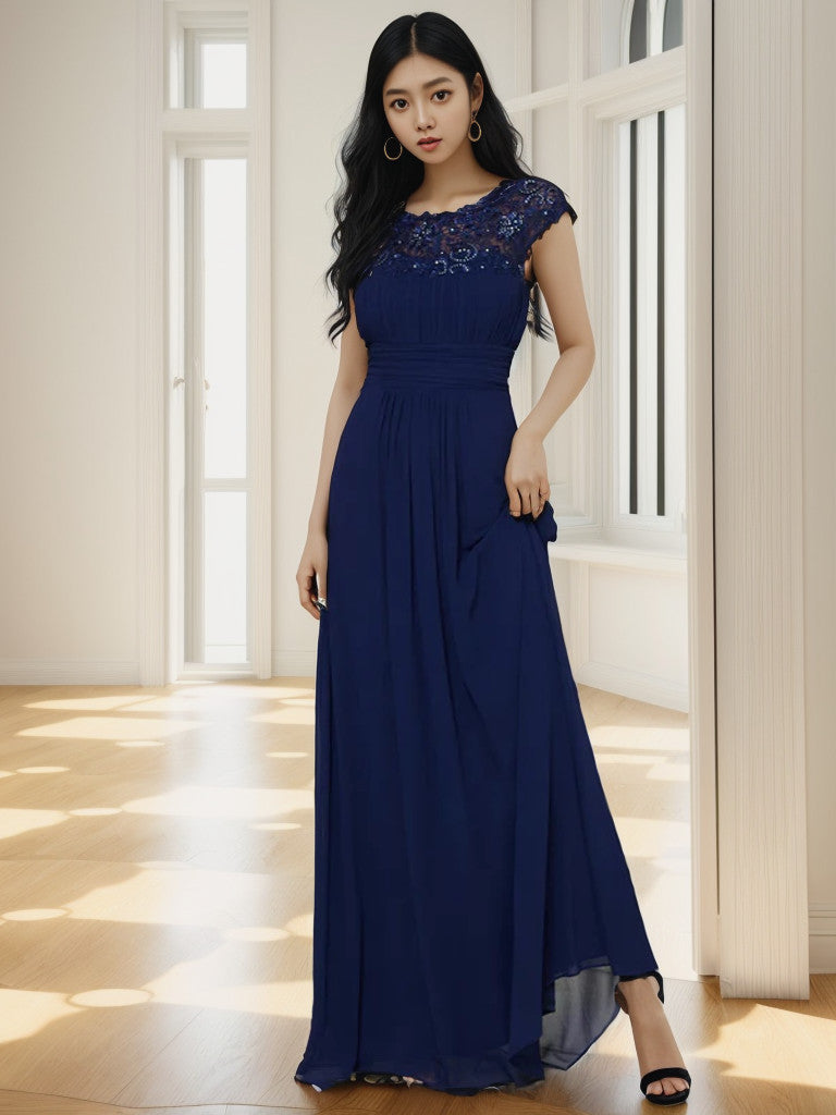 Maxi Lace Cap Sleeve Long Formal Evening Dress