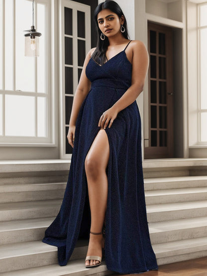 Plus Size Spaghetti Strap Shiny Formal Evening Dress for Wedding