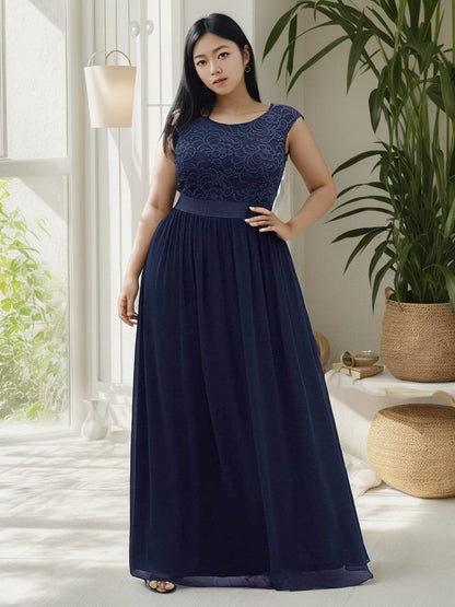 Plus Size Classic Round Neck V Back A-Line Chiffon Bridesmaid Dresses with Lace