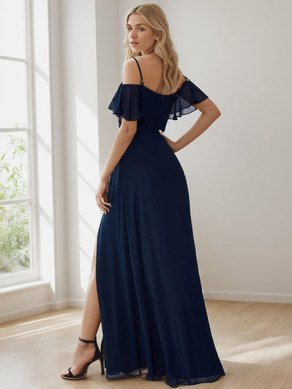 Chiffon Off-The-Shoulder Side Slit Bridesmaid Dress with sleeves