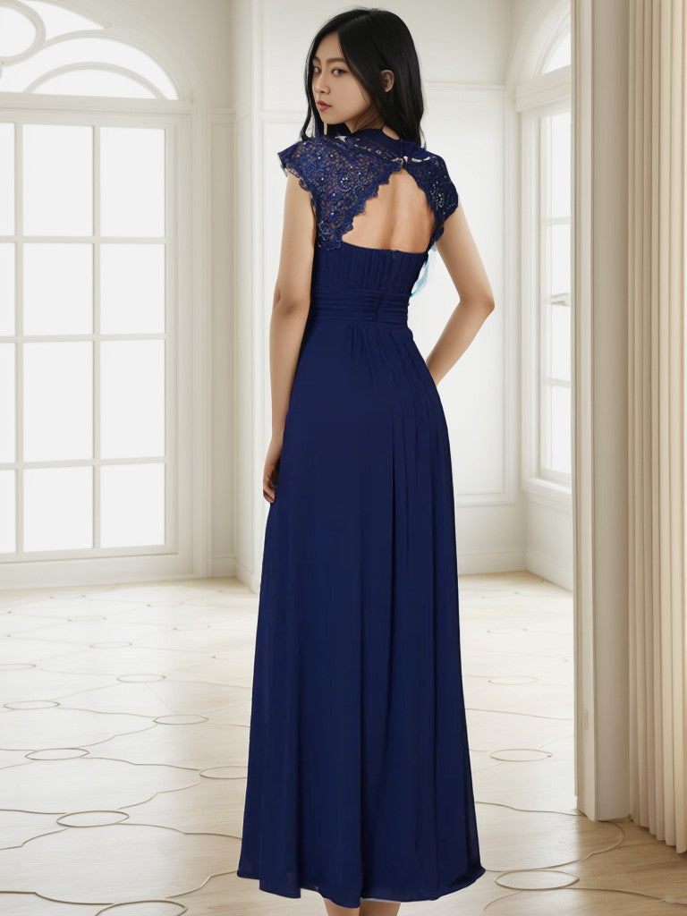 Maxi Lace Cap Sleeve Long Formal Evening Dress