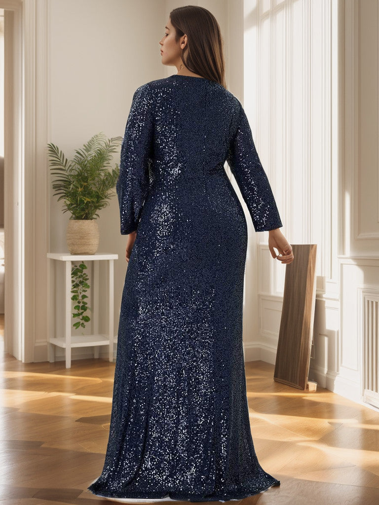 Plus Size Sexy Deep V-Neck Sequin Bodice Formal Evening Gowns