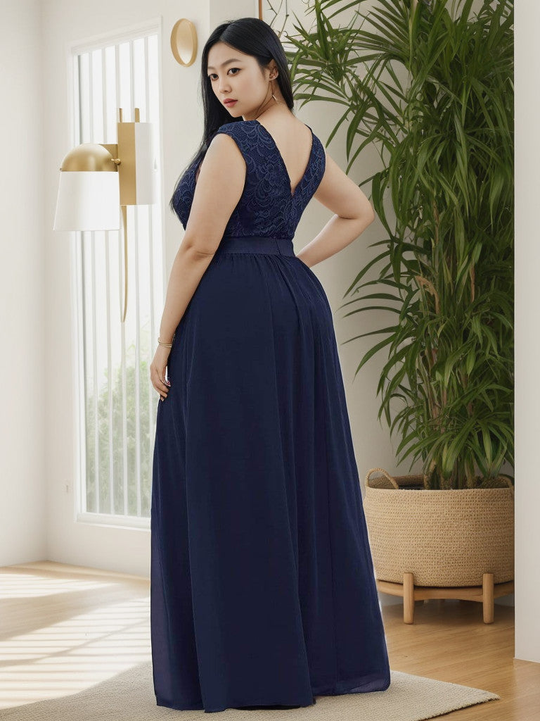 Plus Size Classic Round Neck V Back A-Line Chiffon Bridesmaid Dresses with Lace
