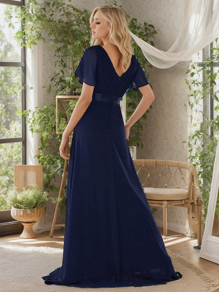 Long Chiffon Empire Waist Bridesmaid Dress with Short Flutter Sleeves