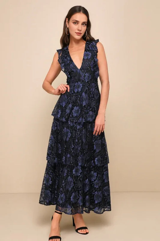 Formal Women's Dresses Deep V Neck Navy Blue Lace Ruffled Tiered Sleeveless Maxi Dress Prom Dress Stores