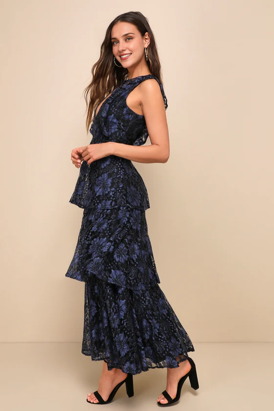 Formal Women's Dresses Deep V Neck Navy Blue Lace Ruffled Tiered Sleeveless Maxi Dress Prom Dress Stores