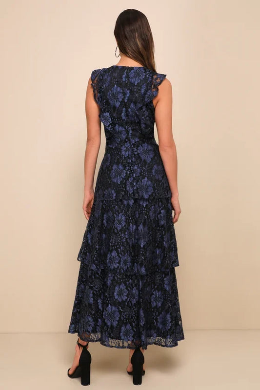 Formal Women's Dresses Deep V Neck Navy Blue Lace Ruffled Tiered Sleeveless Maxi Dress Prom Dress Stores