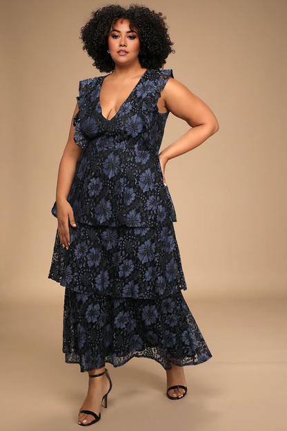 Formal Women's Dresses Deep V Neck Navy Blue Lace Ruffled Tiered Sleeveless Maxi Dress Prom Dress Stores