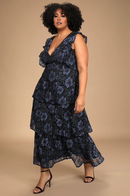 Formal Women's Dresses Deep V Neck Navy Blue Lace Ruffled Tiered Sleeveless Maxi Dress Prom Dress Stores