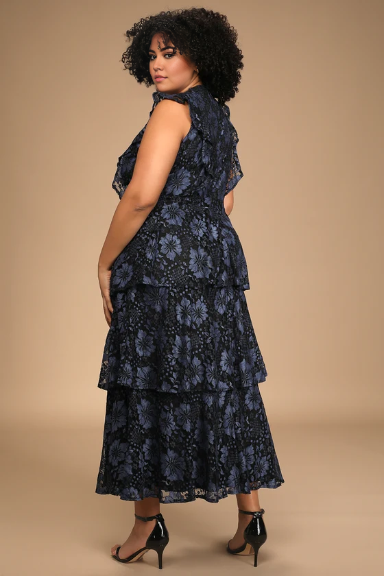 Formal Women's Dresses Deep V Neck Navy Blue Lace Ruffled Tiered Sleeveless Maxi Dress Prom Dress Stores