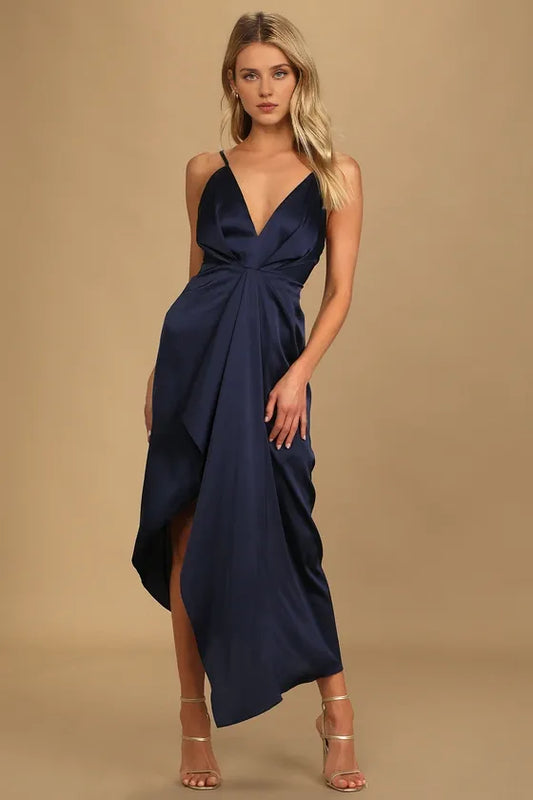 Formal Women's Dresses Caught Feelings Navy Blue Satin Ruffled Dress Sleeveless Spaghetti Straps Prom Dress Stores