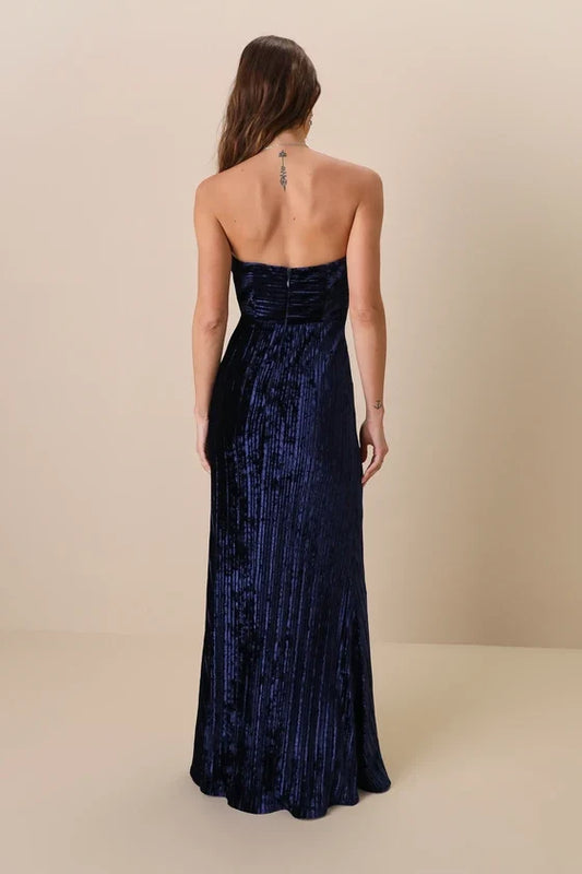 Formal Women's Dresses Classy Sensation Navy Blue Velvet Pleated Strapless Slit Maxi Dress Prom Dress Stores