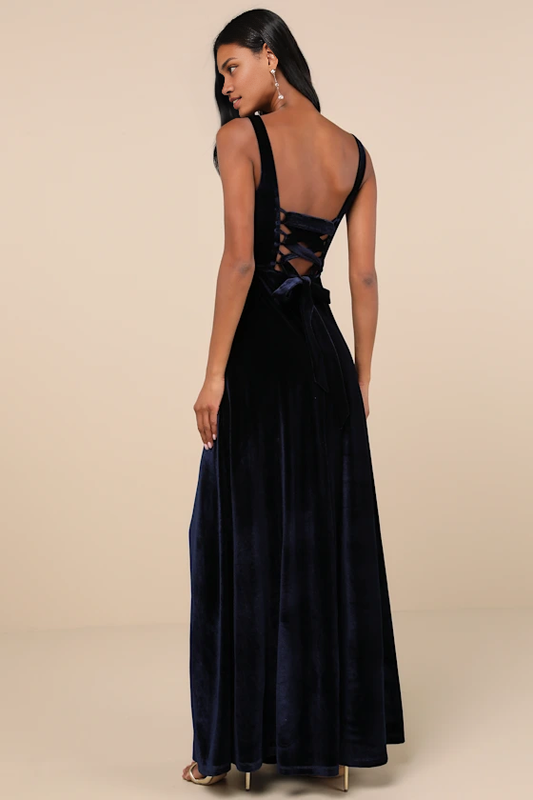 Formal Women's Dresses Graceful Navy Blue Velvet Square Neck Lace-Up Slit Maxi Dress Prom Dress Stores