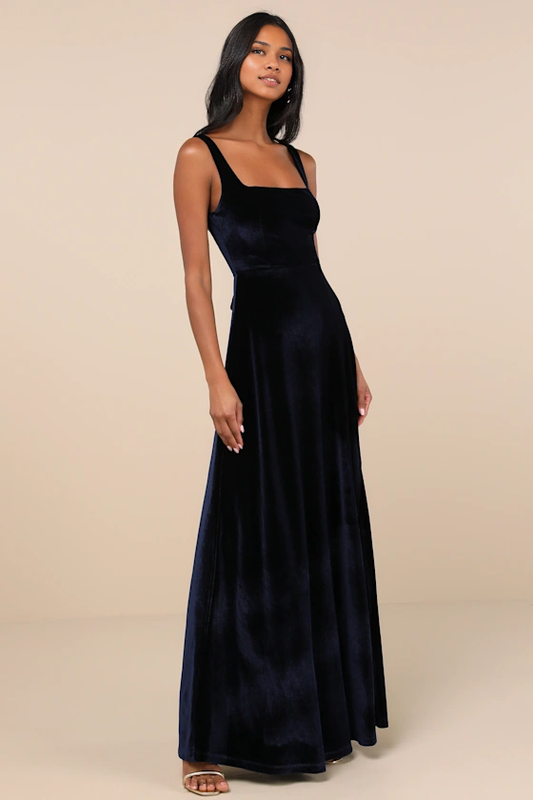 Formal Women's Dresses Graceful Navy Blue Velvet Square Neck Lace-Up Slit Maxi Dress Prom Dress Stores