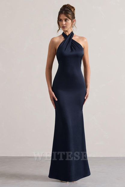 Dress Mint Green Satin Cross Over Halter-Neck Maxi Dress Prom Dress Low Backless Sleeveless Floor Length Bridesmaid Dress