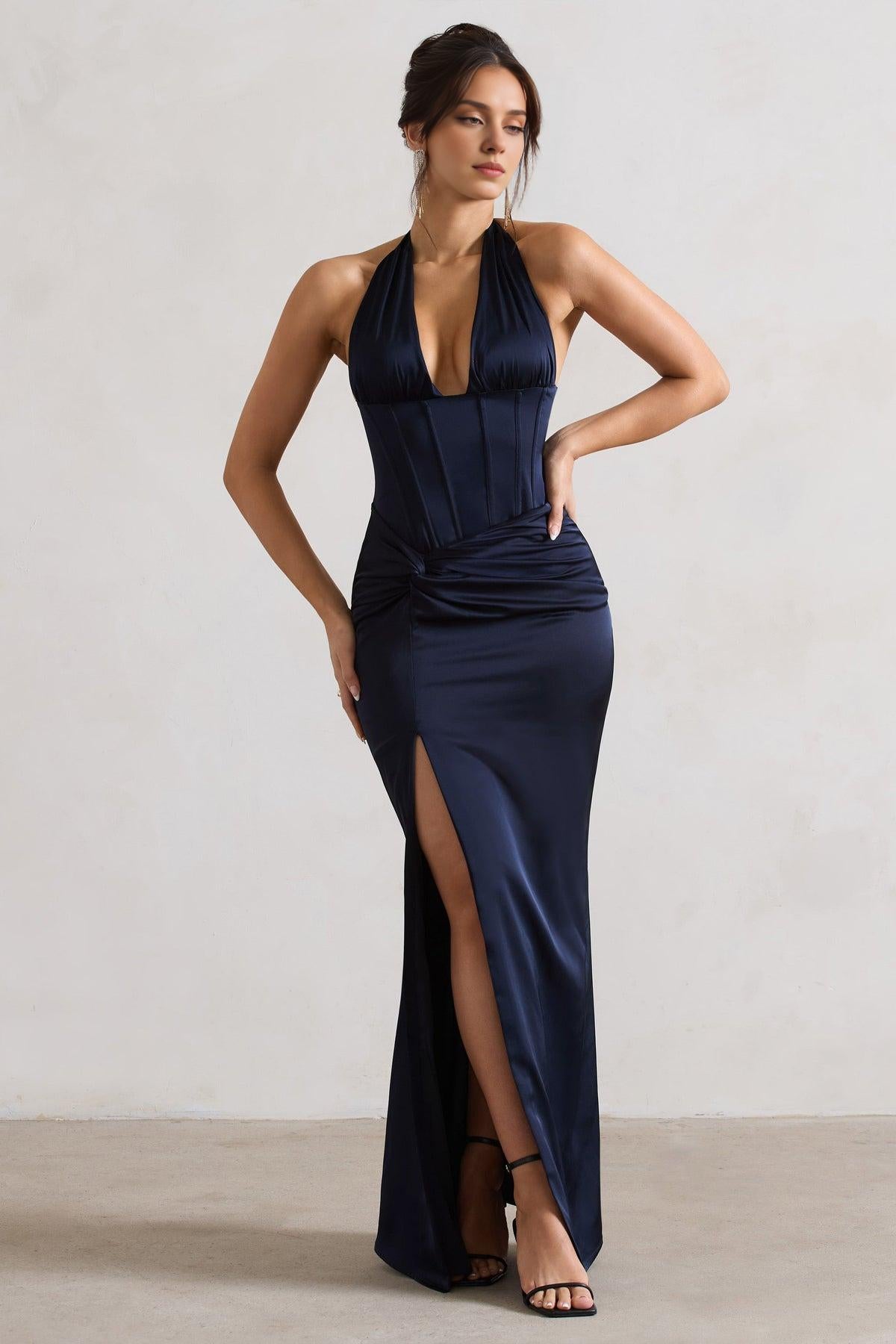 Dress Champagne Satin Corset Style Maxi Dress With Wrap Skirt Prom Dress Backless Deep V Neck With Side Slit Bridesmaid Dress