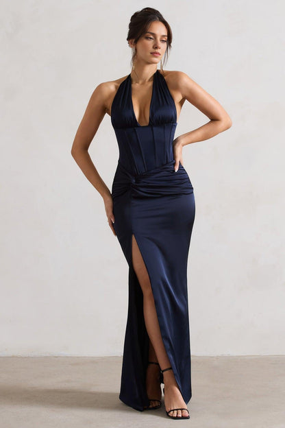 Dress Champagne Satin Corset Style Maxi Dress With Wrap Skirt Prom Dress Backless Deep V Neck With Side Slit Bridesmaid Dress