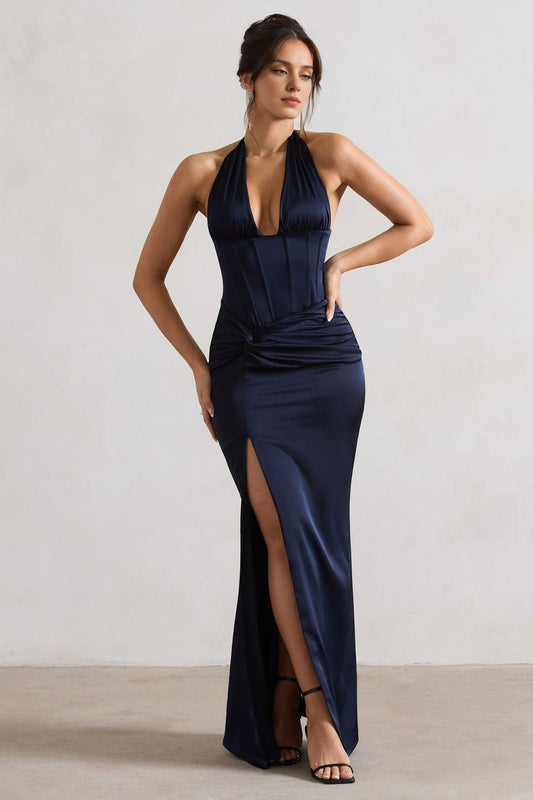 Dress Champagne Satin Corset Style Maxi Dress With Wrap Skirt Prom Dress Backless Deep V Neck With Side Slit Bridesmaid Dress