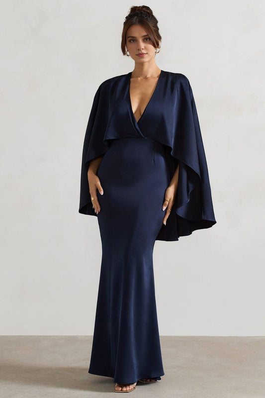 Dress Champagne Satin Plunge-Neck Maxi Dress With Cape Sleeves Bridesmaid Dress Deep V Neck Floor Length Prom Dress