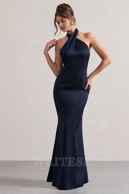 Dress Mint Green Satin Cross Over Halter-Neck Maxi Dress Prom Dress Low Backless Sleeveless Floor Length Bridesmaid Dress