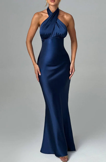 New Backless Maxi Dress Fashion Sleeveless Burgundy High Cross Over Neck Low Back Prom Dresses