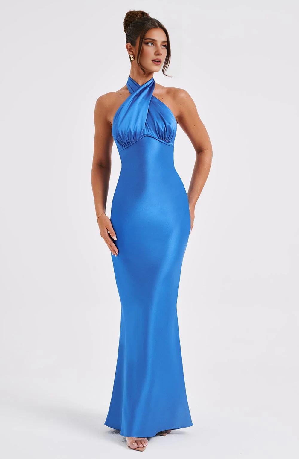 New Backless Maxi Dress Fashion Sleeveless Burgundy High Cross Over Neck Low Back Prom Dresses
