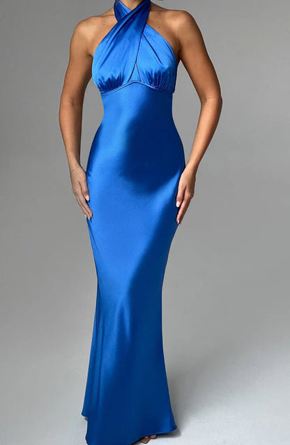 New Backless Maxi Dress Fashion Sleeveless Burgundy High Cross Over Neck Low Back Prom Dresses