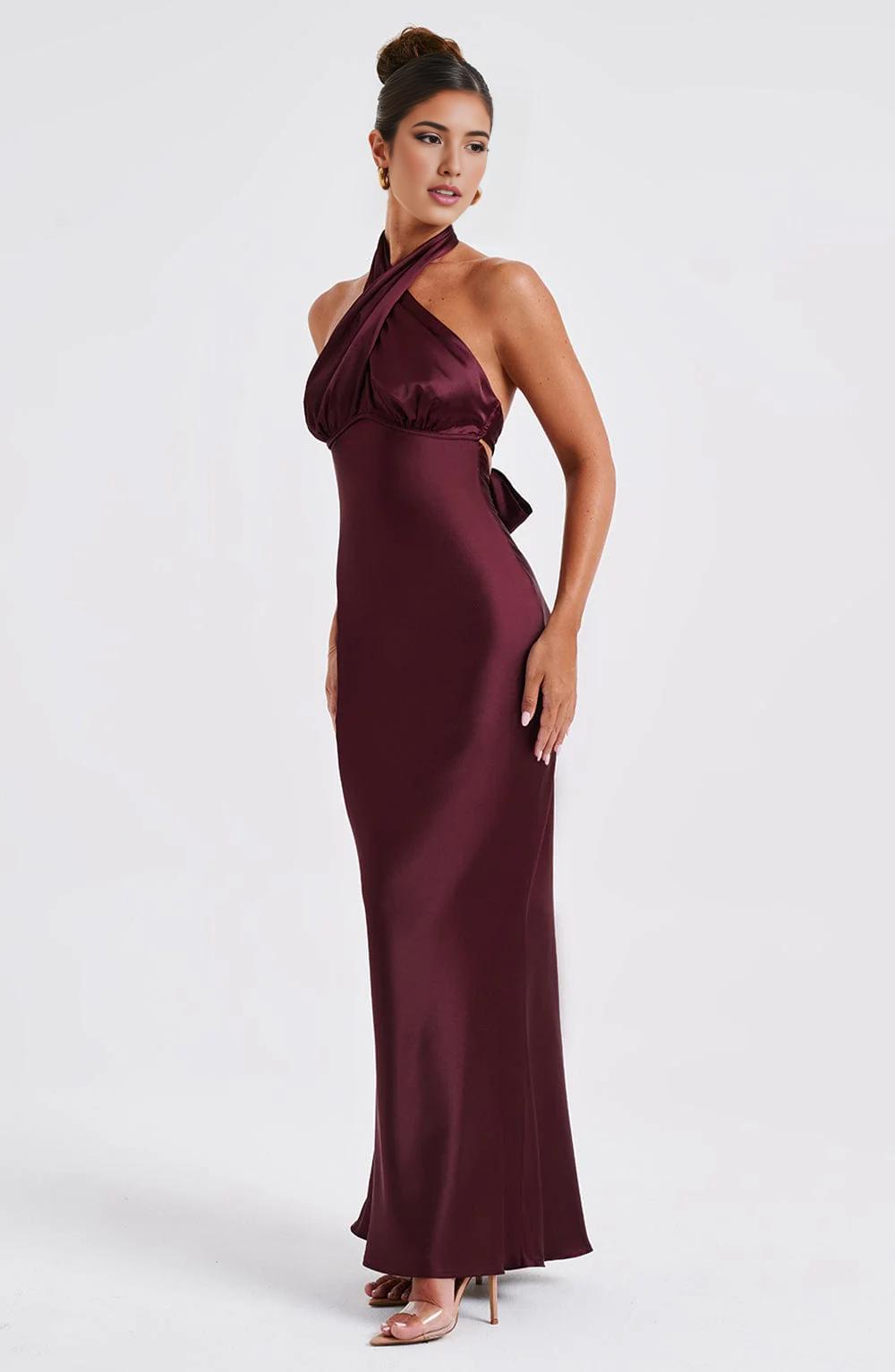 New Backless Maxi Dress Fashion Sleeveless Burgundy High Cross Over Neck Low Back Prom Dresses